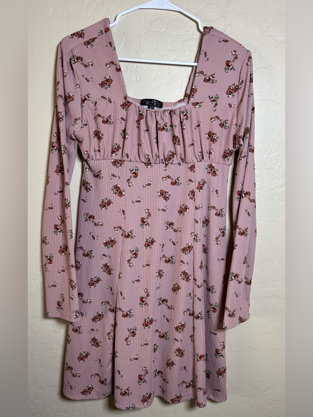 Ribbed Rose-Pink Floral Long Sleeve Square-Neck Dress XL